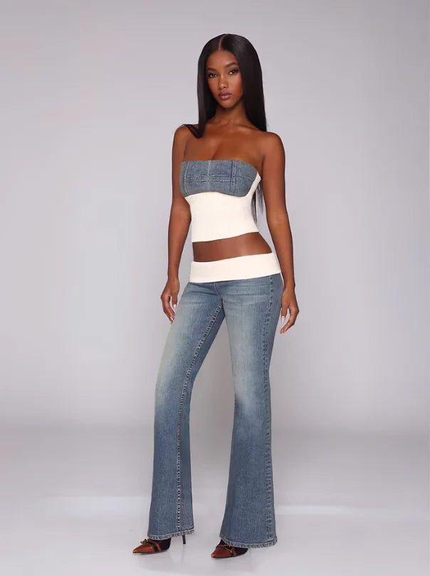 Y2K New Vintage Style Flare Jeans Women Low Waist Stretch Denim Pants With Contrast Waistband Casual Streetwear Trousers